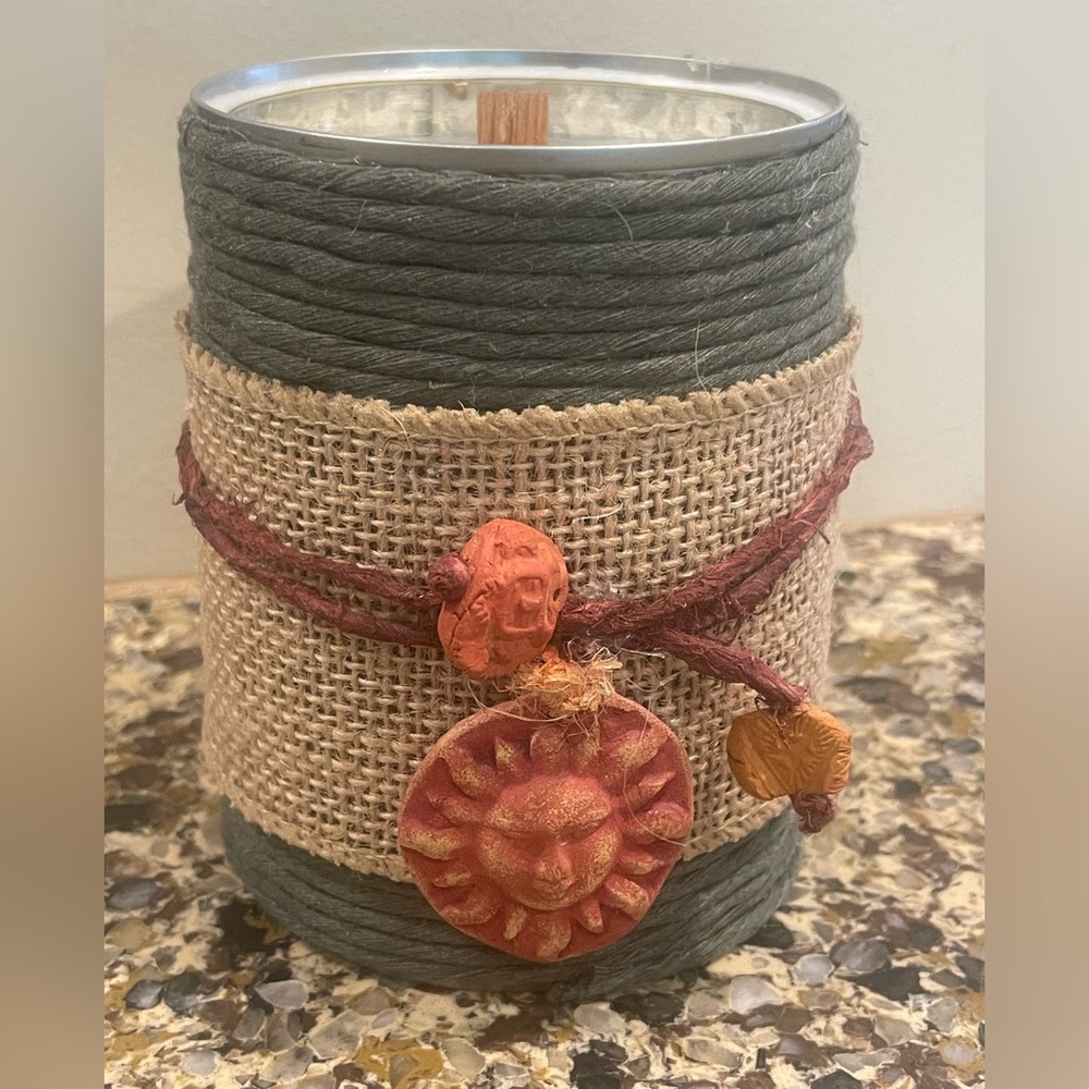 Rustic Green and Tan Candle with Sun Accent.  New.